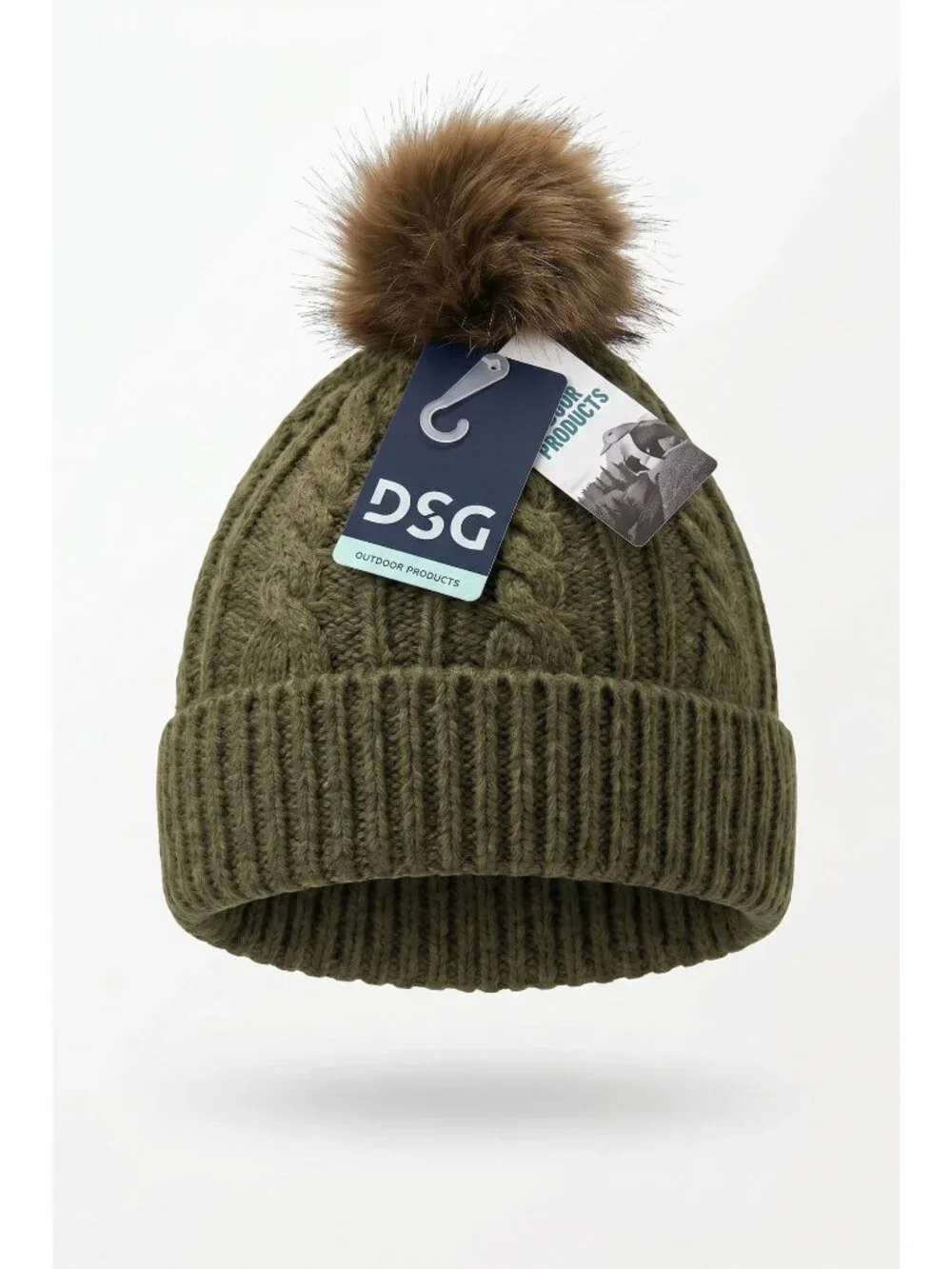 NWT DSG Girls Olive Green Cable Knit Pom Beanie Cozy Winter Hat One Size Youths